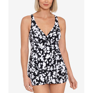 Swim Solutions Women's Tummy-Control Flyaway Swimdress Black Multi Size 10 3239